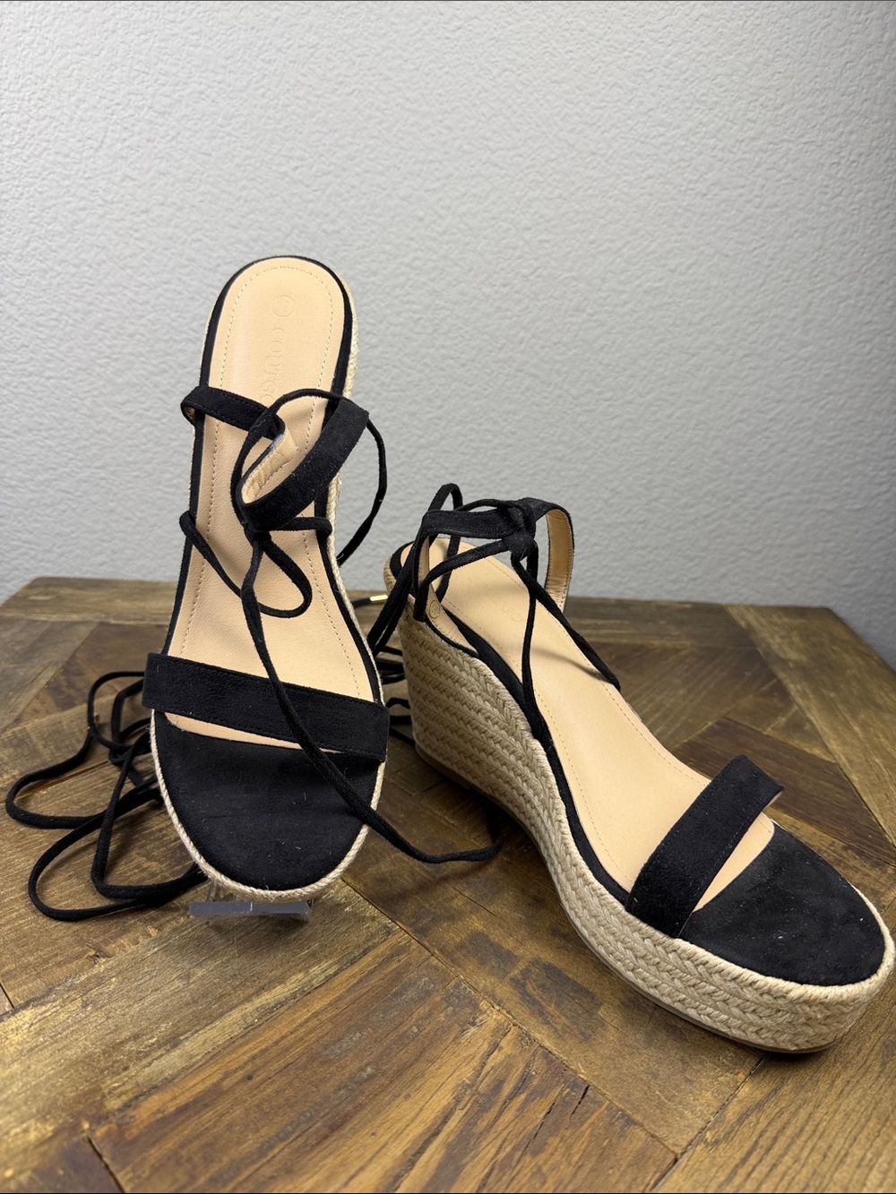 Size 10 Coutgo Black Lace-Up Espadrille Wedge Sandals by
